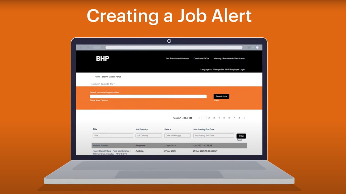 Lap top shown with BHP careers site and text says ,Creating a Job Alert' on screen